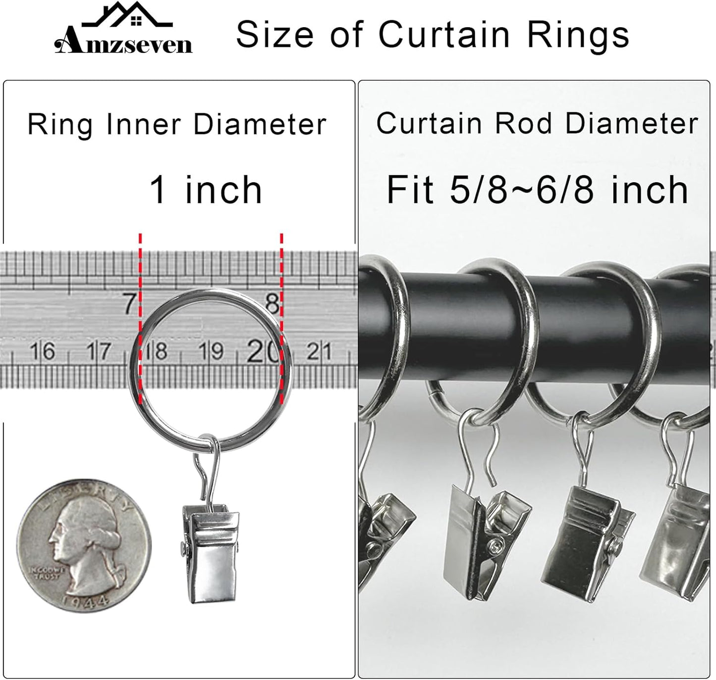 100 Pack Metal Curtain Rings with Clips, Drapery Clips with Rings, Drapes Rings 1 inch Inner Diameter, Fits Diameter 5/8 inch Curtain Rods, Silver