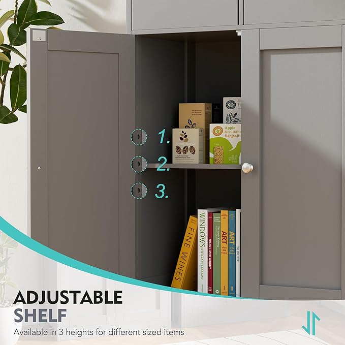 Vongrasig Bathroom Storage Cabinet, Farmhouse Freestanding Pantry Cabinet with 2 Drawers and Shelves, Wooden Storage Organizer for Bathroom, Living Room, Grey