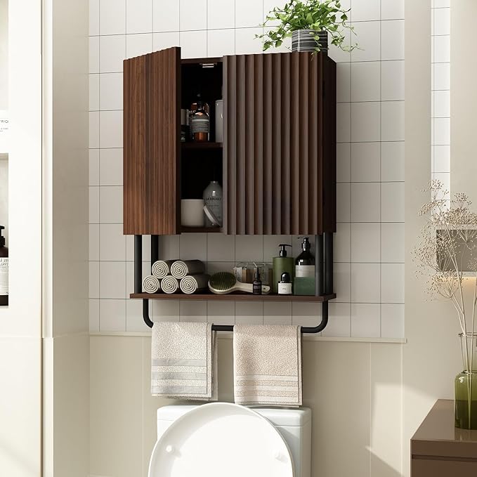 RUSTOWN Fluted Bathroom Wall Cabinet with 2 Doors, 3-Tier Modern Farmhouse Medicine Cabinet, Over The Toilet Storage Cabinet with Adjustable Shelf and Towel Bar (Dark Walnut, Medium)