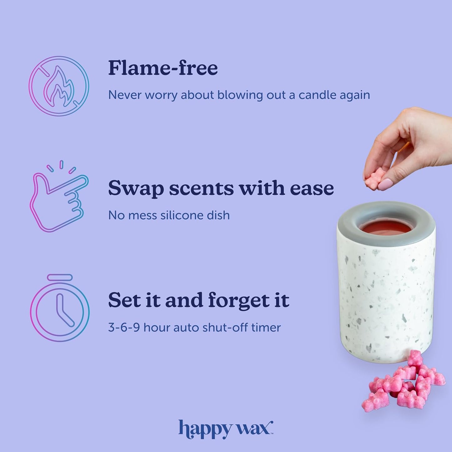 Happy Wax Clay Mini Mod Warmer for Scented Wax - Small Tabletop with Timer - Electric, Ceramic with Removable No Mess Silicone Dish