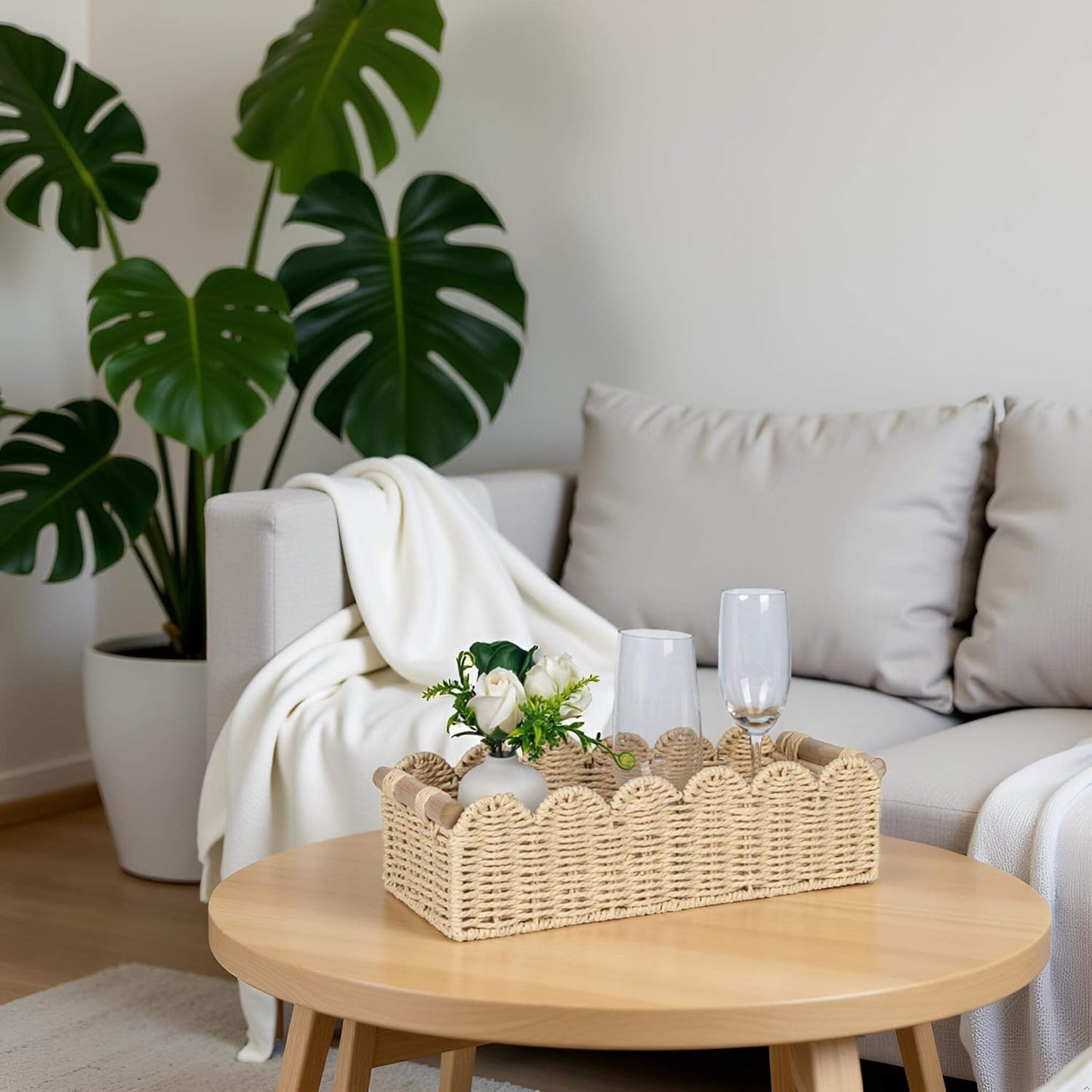 CubesLand Scalloped Edge Toilet Paper Storage Basket, Living Room Home Cozy Decor Basket, Paper Rope Small Baskets for Over Toilet Storage Shelf, End Table, Shelves, with 2 Wooden Handles, Beige