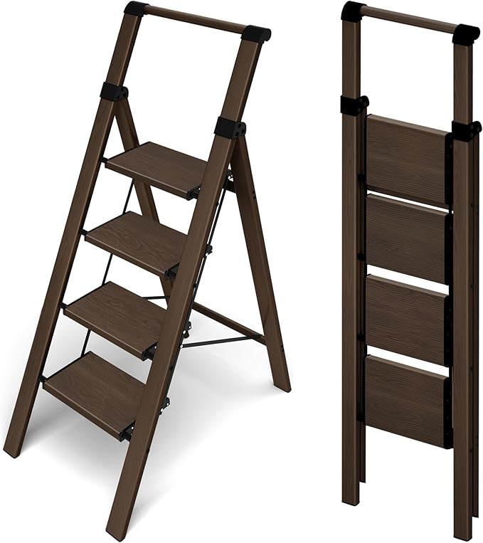 HillhutApex 4 Step Foldable Aluminum Step Ladder with Handgrip, Anti-Slip Pedal, 330lbs Capacity, Lightweight & Portable for Home, Kitchen, Office, Garage (Walnut)