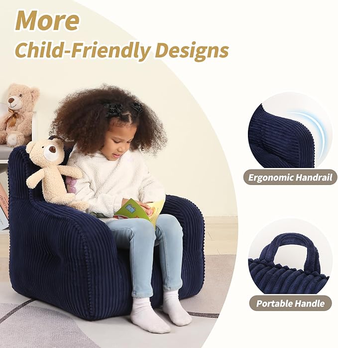 Kids Bean Bag Chair with a Plush Bear, Comfy Toddler Chair for Boys and Girls, Dark Blue