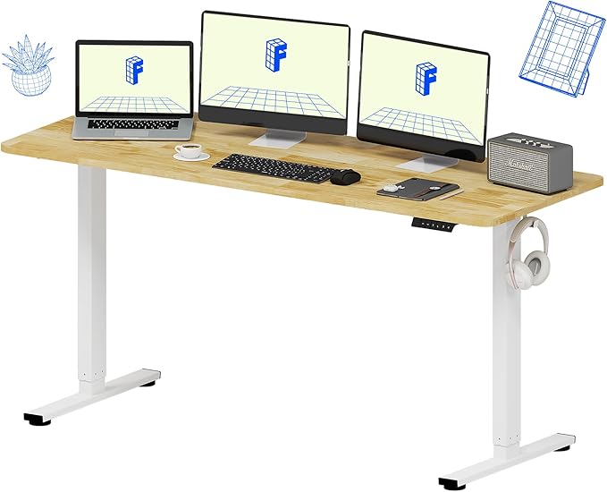 FLEXISPOT EN1 One-Piece Solid Wooden Standing Desk 63 x 24 Inches Height Adjustable Electric Sit Stand Home Office Desks (White Frame + Rubber Wood Top, 2 Packages)