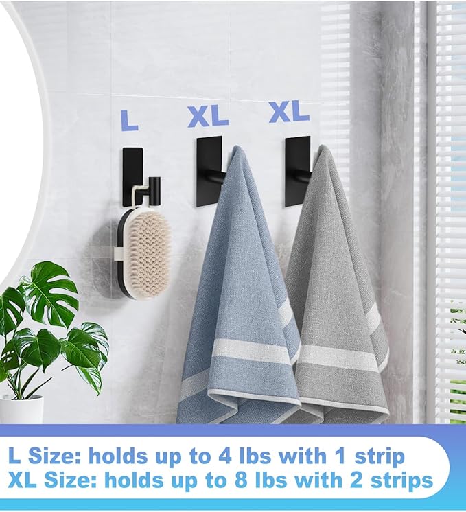 4 Pcs Towel Hooks Heavy Duty for Hanging，Adhesive Wall Hooks with Removable Strips，Sticky No Damage，Outdoor for Bathrooms，Shower，Stockings，Decor，Robe，Large，Black 304 Stainless Steel