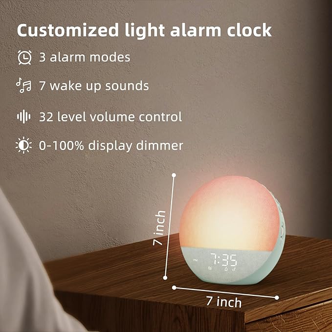 Sunrise Alarm Clock White Noise Machine: Natural Wake Up Light - Dimmable Clock with Bluetooth Speaker for Bedroom - 25 Sleep Sounds for Baby Adults Kids Sage Green