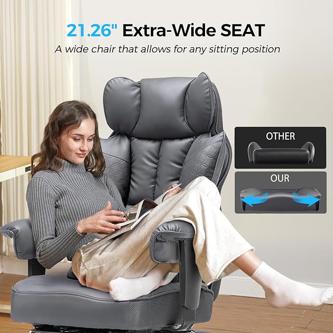 COMHOMA Big and Tall Office Chair 400LBS Wide Ergonomic Gaming Chair with Deluxe Embossing Designed Leather with Foot Rest,150°Reclining Adjustable Armrests Pocket Spring Back Support and Pillow