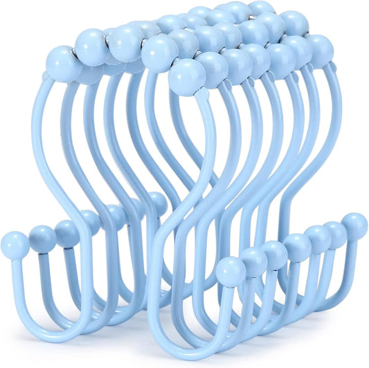 Goowin Shower Curtain Hooks, 12 Pcs Shower Curtain Rings, Stainless Steel Shower Curtain Hooks Rings Rust Proof, Smooth Sliding Anti-Drop Double Shower Hooks for Shower Curtain, Rods (Blue)