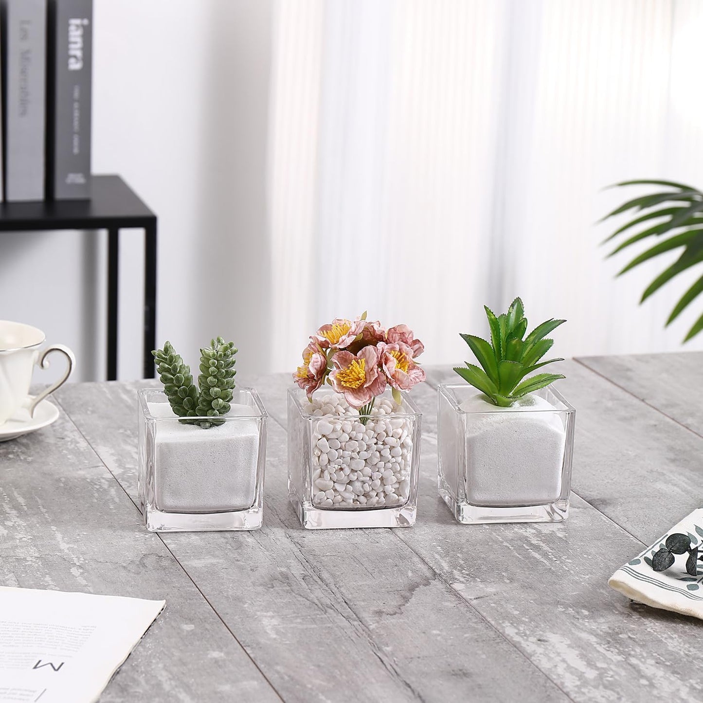 Square Vases Set of 6, 3"x 3"x 3" Glass Vases for Flowers, Square Flower Vase for Centerpieces, Small Clear Vase for Wedding, Party, Home Office Decoration