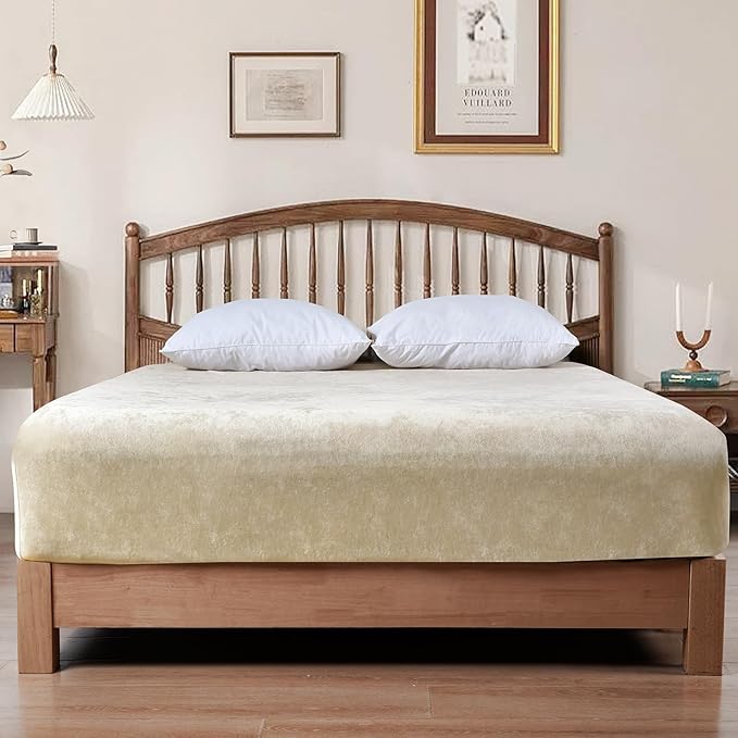 PHF Truly Velvet Fitted Sheet Only Queen Size, Luxury Super Soft Cozy Fuzzy Fleece Bottom Sheet, Deep Pocket Up to 16",Strenghth Elastic Band, Suitable for Fall Winter Spring, No Pillowcases, Sand