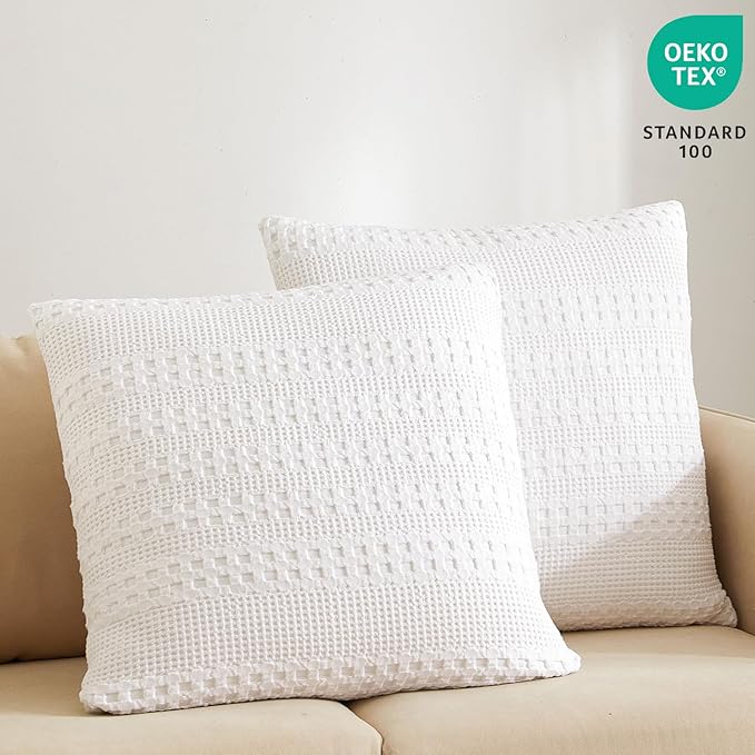 PHF 100% Cotton Waffle Weave Pillow Covers 24" x 24", 2 Pack Luxury Square Shell for Elegant Home Decor, No Filling, Luxury Aesthetic Soft Pillow Covers for Bed, White
