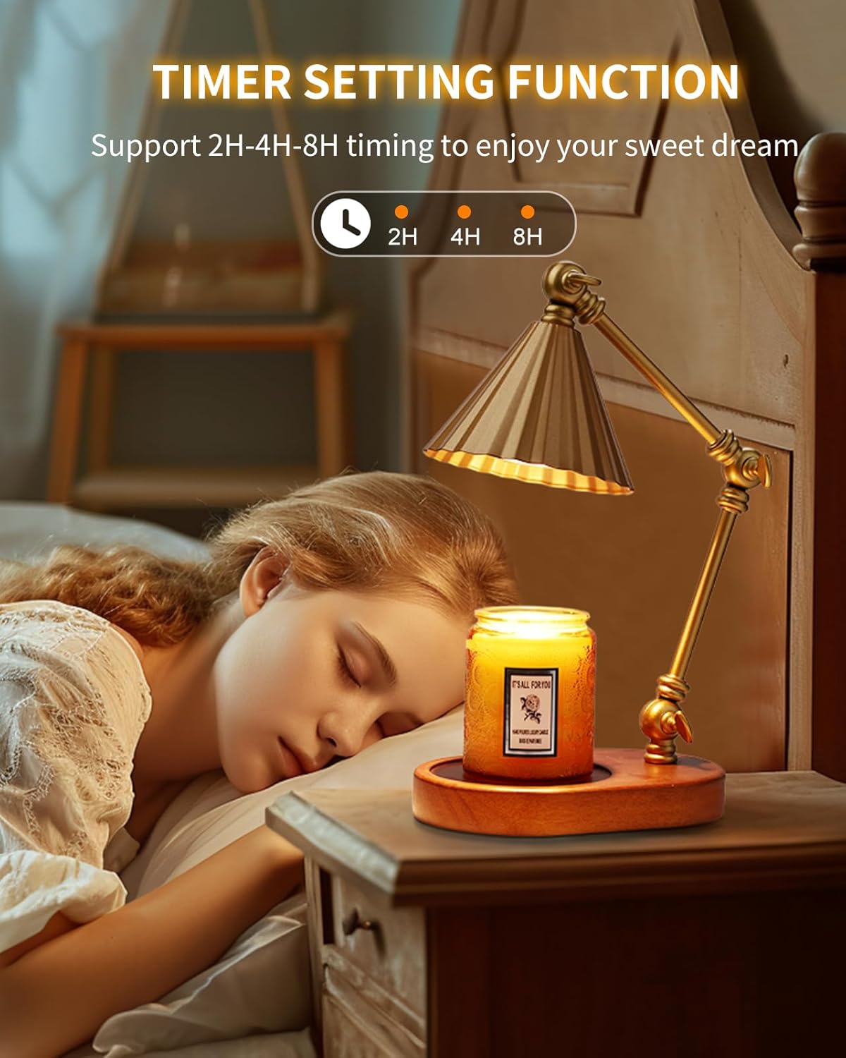 Candle Warmer Lamp with 3 Bulbs, Height Adjustable Candle Lamp Warmer with Timer - Electric Wax Melt Warmer for Scented Wax, Bedroom Home Decor, Gold