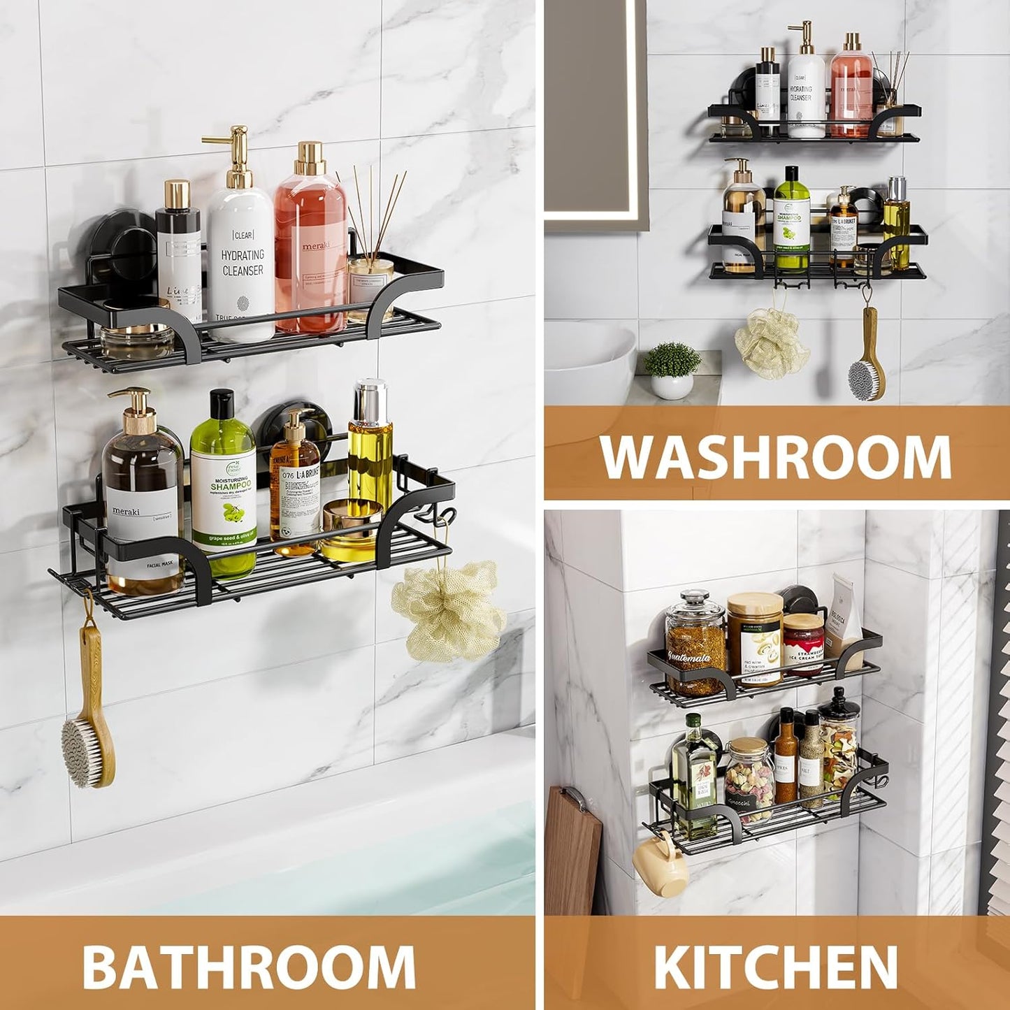 LEVERLOC Shower Caddy Suction Cup, 2 Pack Shower Shelves for Inside, Black Rustproof Metal Bathroom Storage NO-Drilling Bathroom Organizer with Large Capacity, Heavy Duty Storage Basket