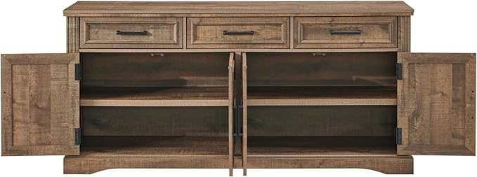 JXQTLINGMU 66" Large Buffet Sideboard Cabinet with 4 Doors and 3 Drawers, Buffet Table Coffee Bar Wine Bar Storage Cabinet for Dining Room, Living Room (Warm Brown)