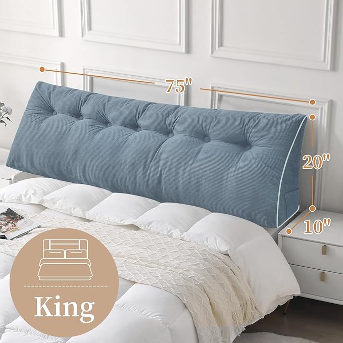 Sasttie Headboard Pillow King, Wedge Pillow Headboard for Sitting Up in Bed, Back-Rest Support Triangular Cushion for Reading - Features Removable Washable Cover, Greyish Blue