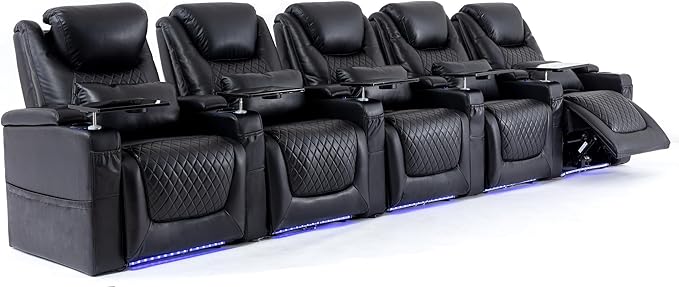 Home Theater Seating Seats, Theater Recliner Chair Sofa Game Movie Theater Chairs with 7 Colors Ambient Lighting, Lumbar Pillow, Side Pocket, Tray Table, Power Recline, Black