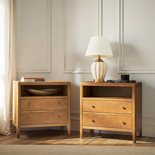 HULALA HOME Nightstands Set of 2 with Charging Station, Modern 2 Drawer Night Stands with Solid Wood Frame, Large Wood Bedside Tables with Open Storage Space, Oak