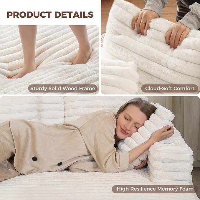 HUSFU 60'' Oversized Chaise Lounge Chair Indoor,Sleeper Cloud Chair,Chaise Lounge Sofa Bed with Cup Holder and Pillows,Plush Chairs Bed for Living Room Bedroom,Beige