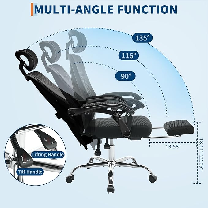 GarveeHome High Back Ergonomic Office Chair with Mesh Back, Retractable Footrest, Adjustable Headrest & Lumbar Support – Computer Desk Chair with Wheels for Home Office or Bedroom, Black with Pillow