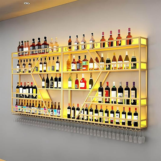 63in Wall Mounted Wine Rack, Large Metal Wine Bottle Holder,4 Tier Modern Fashion Diamond Shaped Floating Bar Unit Wine Storage Shelves, for Home Restaurant Bars Decor (Gold, 4 Tier - 63in)