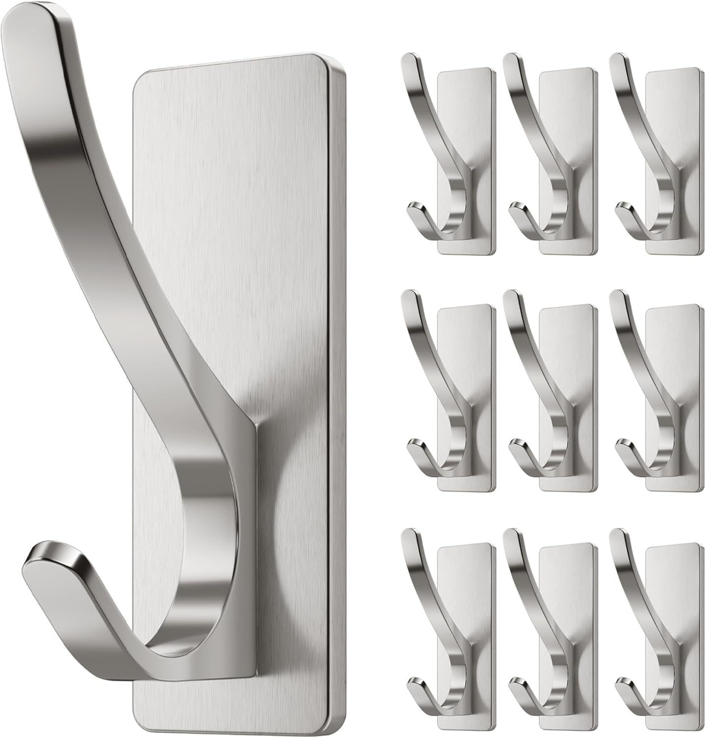 Self Adhesive Coat Hooks for Hanging: Heavy Duty Stainless Wall Hook for Towel, Backpack, Hat, Sturdy Metal Hanger for Bathroom, Bedroom, Door, Brushed Nickel 10 Pack