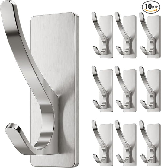 Self Adhesive Coat Hooks for Hanging: Heavy Duty Stainless Wall Hook for Towel, Backpack, Hat, Sturdy Metal Hanger for Bathroom, Bedroom, Door, Brushed Nickel 10 Pack
