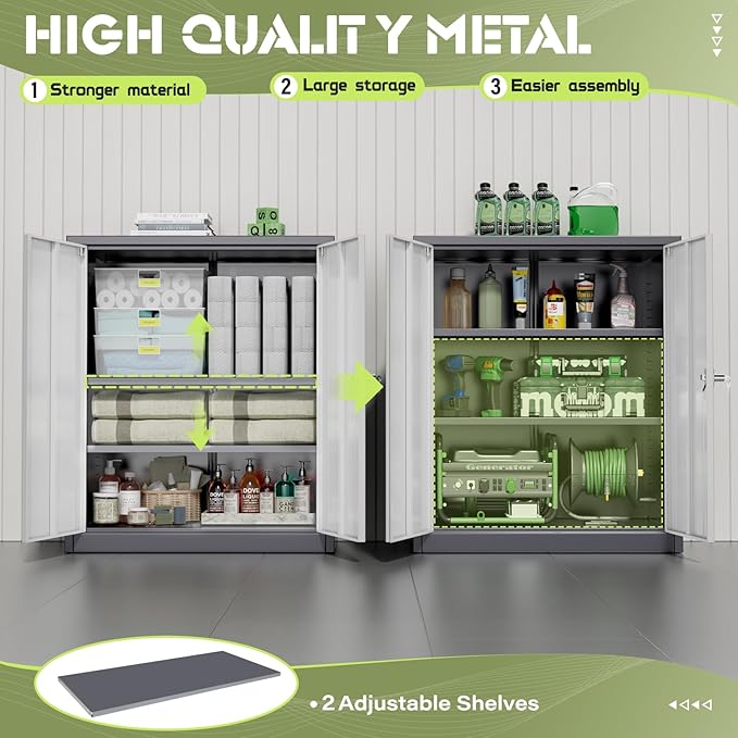 SUNCROWN Metal Storage Cabinets, 36”Locking Cabinet with Doors and Adjustable Shelves, Steel Utility Tool Garage Cabinets for Home, Office, Kitchen,Warehouse （Grey & White）