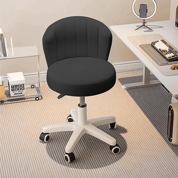 Small Desk Chair Round Rolling Chair with Back PU Leather Height Adjustable Swivel Vanity Work Computer Stool Chair for Home Office Bedroom