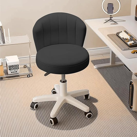 Small Desk Chair Round Rolling Chair with Back PU Leather Height Adjustable Swivel Vanity Work Computer Stool Chair for Home Office Bedroom