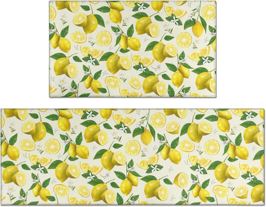 2 Piece Lemon Kitchen Decor Rugs Set, Farmhouse Country Kitchen Rugs and Mats Non Skid Washable Absorbent Microfiber Kitchen Accessories Decoration Floor Mats 17"x47"+17"x30"