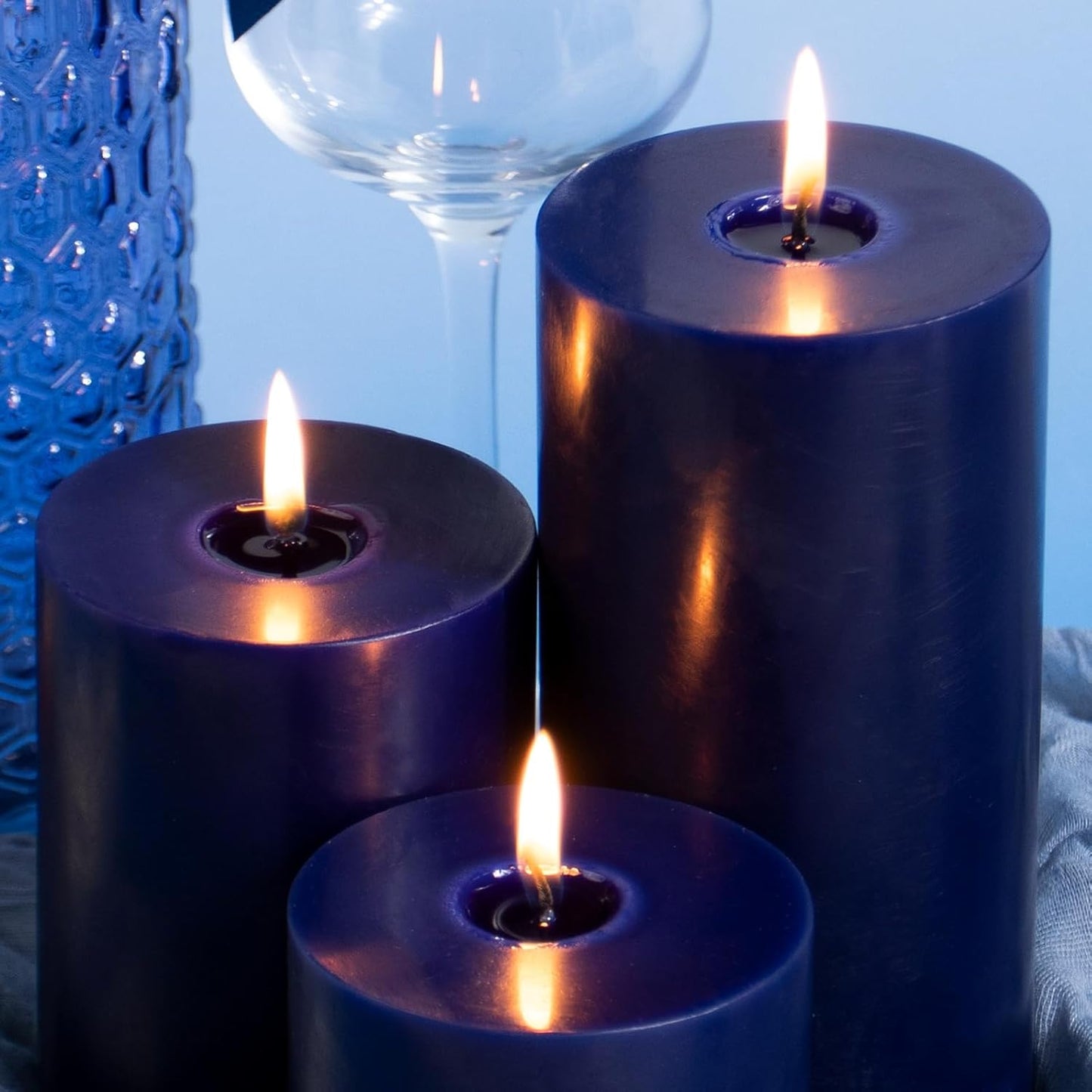 KONNI Navy Blue Pillar Candles Set of 3, 3"x 3" Unscented Pillar Candles Bulk, 30 Hours Long Burning Candles, Smokeless&Dripless Large Round Candle for Wedding, Home Decoration, Parties, Spas, Dinner