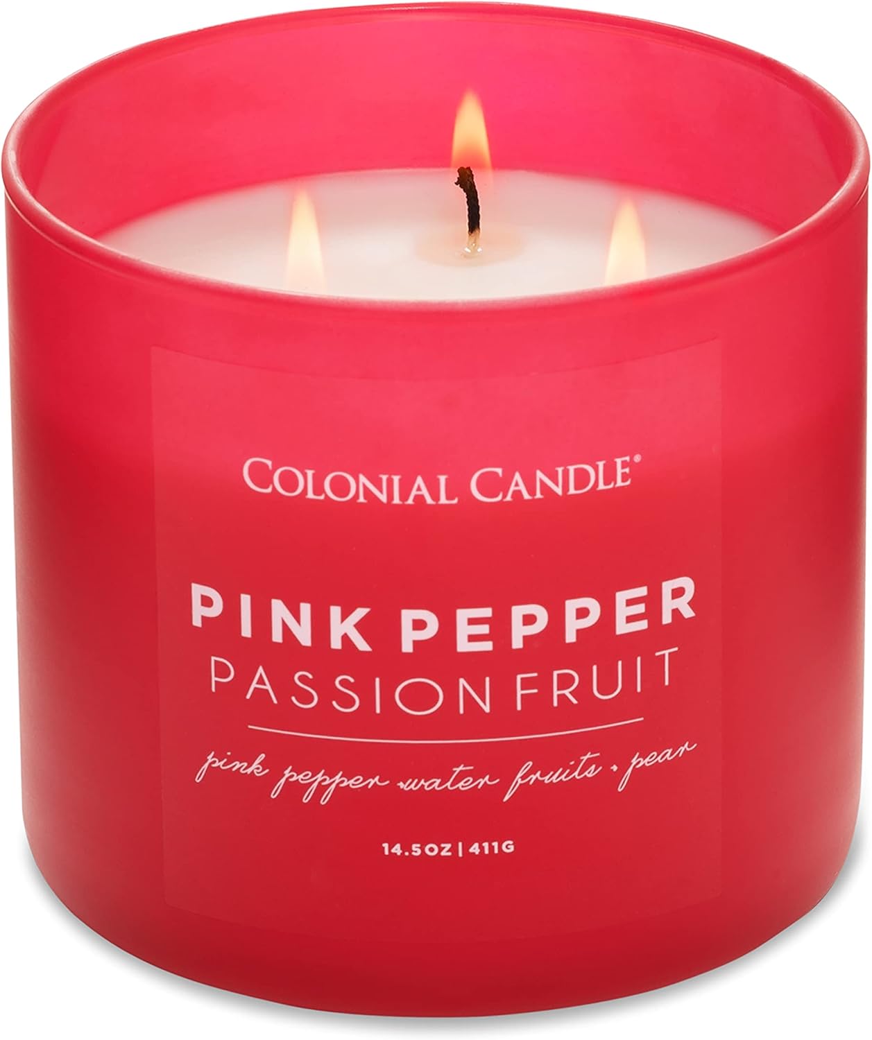 Colonial Candle Pink Pepper Passionfruit Scented Jar Candle, Pop of Color Collection, 3 Wick, Red, 14.5 oz - Up to 60 Hours Burn