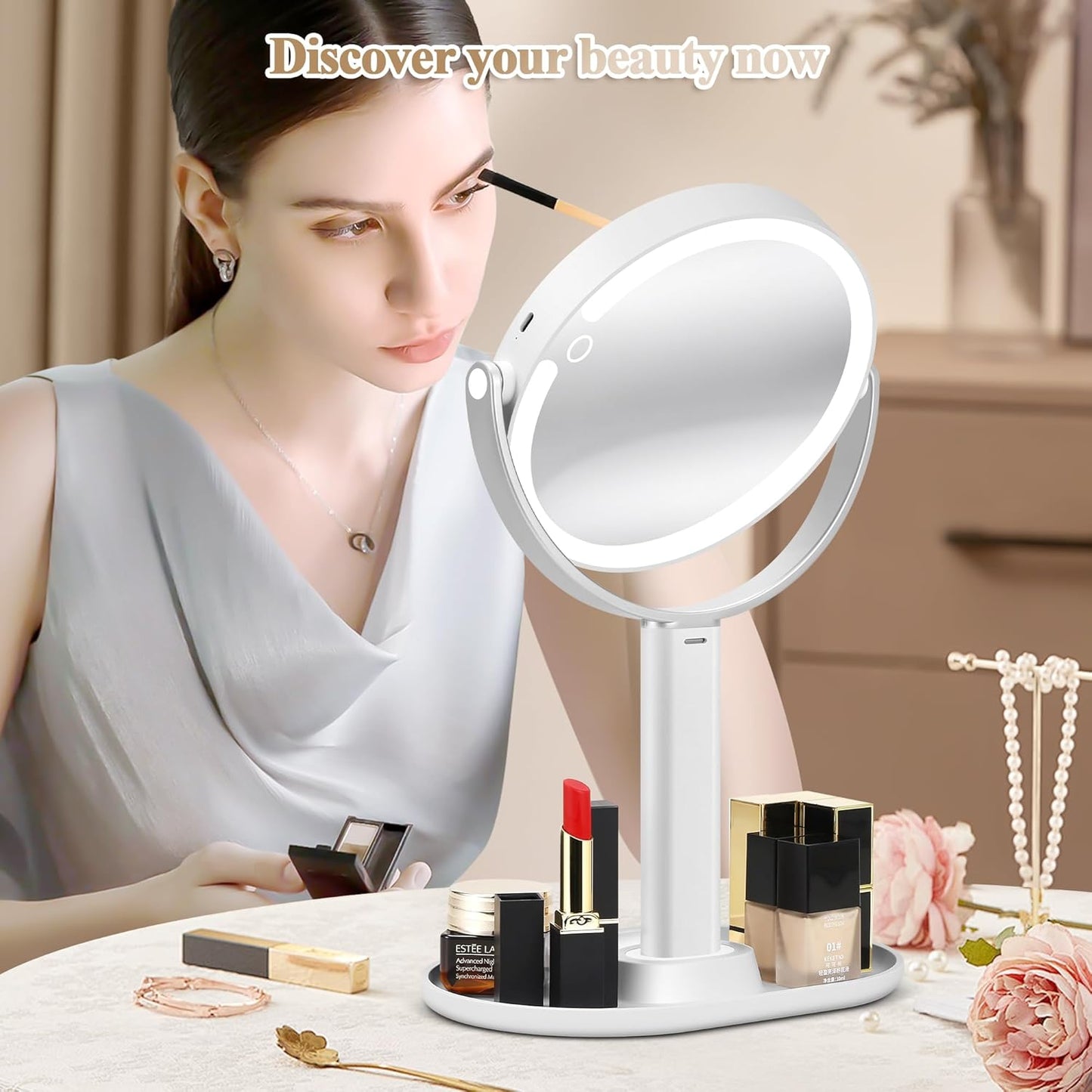 Makeup Mirror with Lights, Double Sided 1x/20x Magnifying Mirror with Light, Rechargeable 3 Color Lights Adjustable Brightness, 360° Rotation Detachable Comes with Tweezer(Silver)