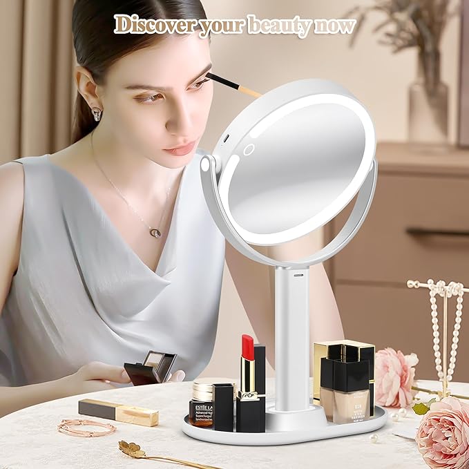 Makeup Mirror with Lights, Double Sided 1x/20x Magnifying Mirror with Light, Rechargeable 3 Color Lights Adjustable Brightness, 360° Rotation Detachable Comes with Tweezer(Silver)