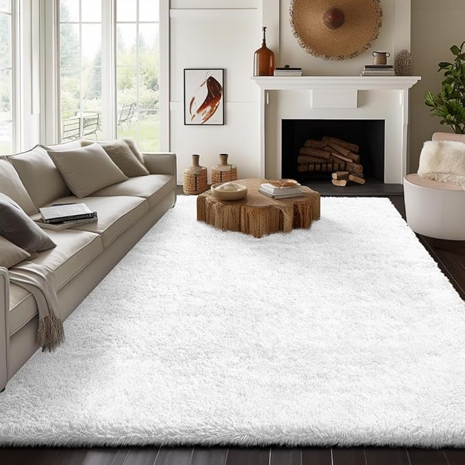 Ophanie 8x10 White Area Rugs for Living Room, Large Shag Bedroom Carpet, Big Indoor Thick Soft Nursery Rug, Ivory Carpets for Boy and Girls Room Dorm Home Decor Aesthetic