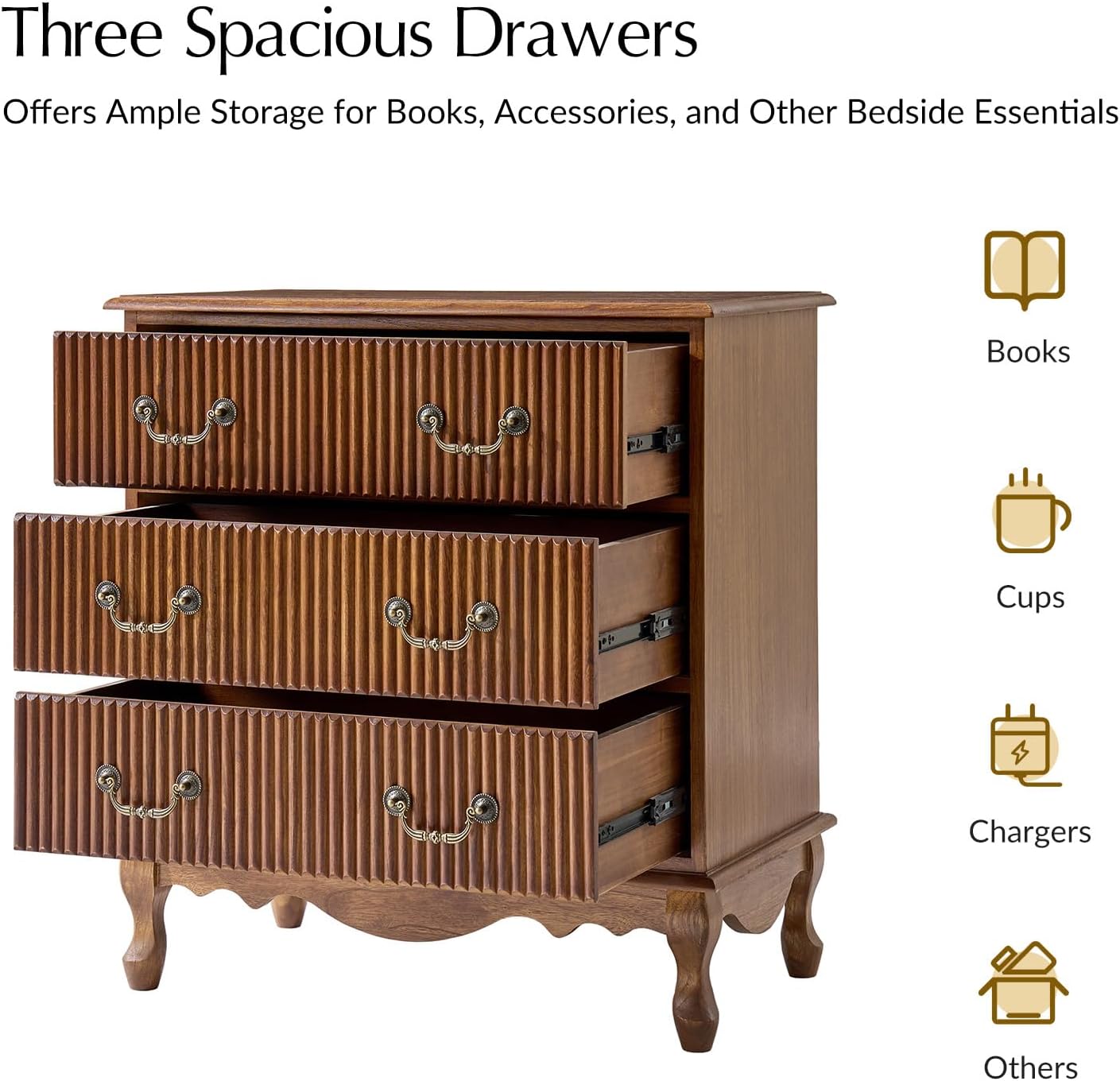 HULALA HOME Transitional Nightstand Set of 2 with 3 Drawers and Charging Station, 28" Solid Paulownia Wood Nightstand with Fluted Front Design, Cherry