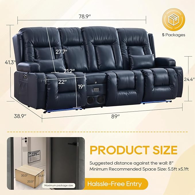 IPKIG 89" Power Reclining Loveseat Sofa, Electric Home Theater Seating with Console/4 Colors Ambient Lighting/Bluetooth Speakers/USB Ports/Built-in Outlets (Blue, 3-Seater with Console)