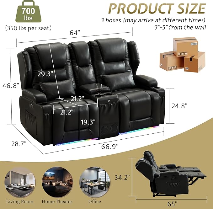 SAMERY Power Loveseat Recliner Sofa with Adjustable Split Back, USB Charging, Bluetooth Speakers & LED Lighting – Home Theater Seating with Storage, Cup Holders, Black Faux Leather Loveseat Recliner