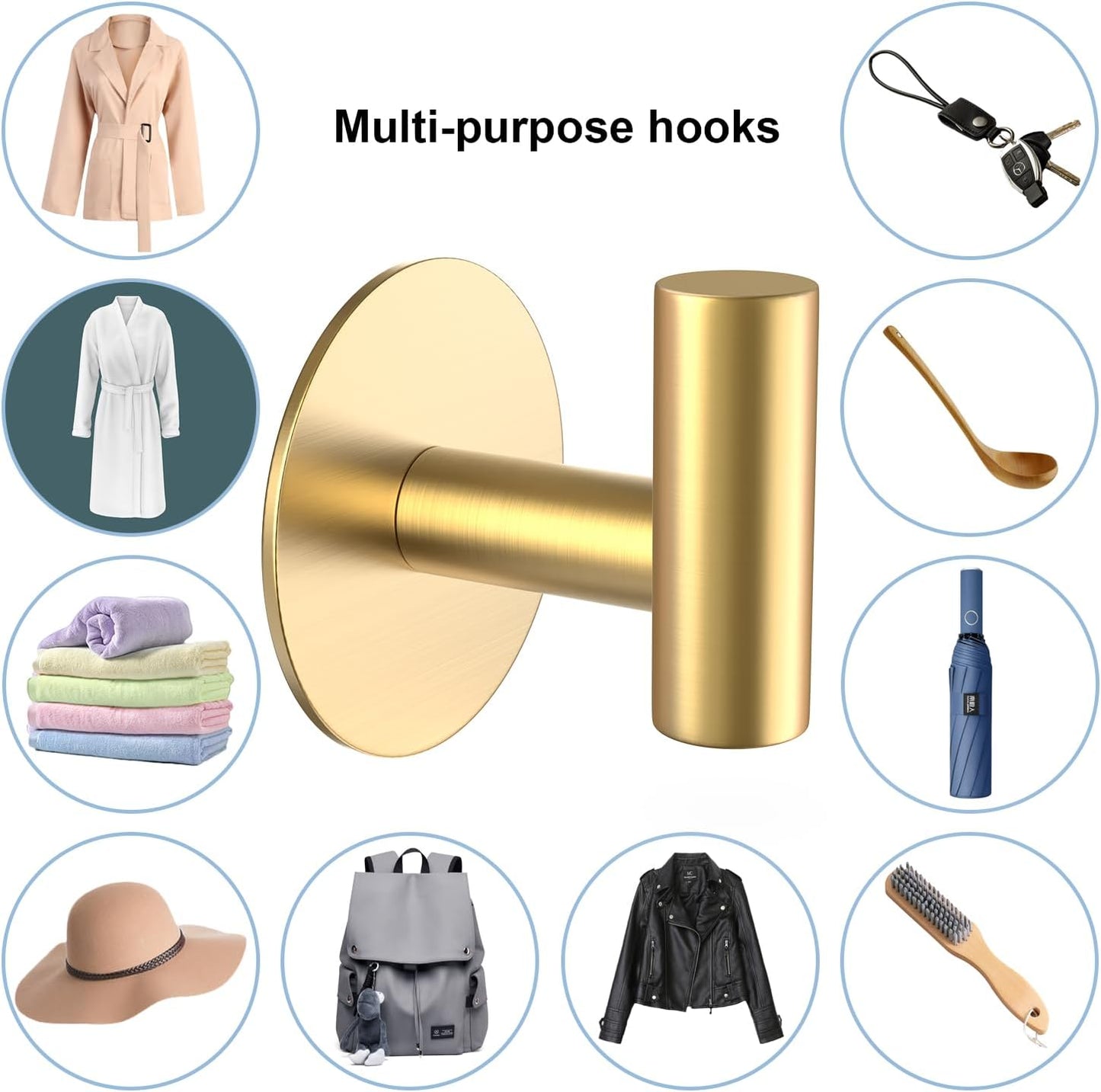 Gold Stainless Steel Wall Hooks, Heavy Duty Self-Adhesive Hooks for Coats, Towels, Robes, Hats, Aprons – No Drill Bathroom, Kitchen, Hotel (2 Pack)