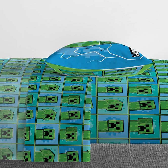 Jay Franco Kids Sheet Set with Fitted, Flat Sheets & Pillow Cover - Ultra-Soft Bedding with Pillowcase for Room Decor, Blue - Minecraft Creeper, 3 Piece Twin