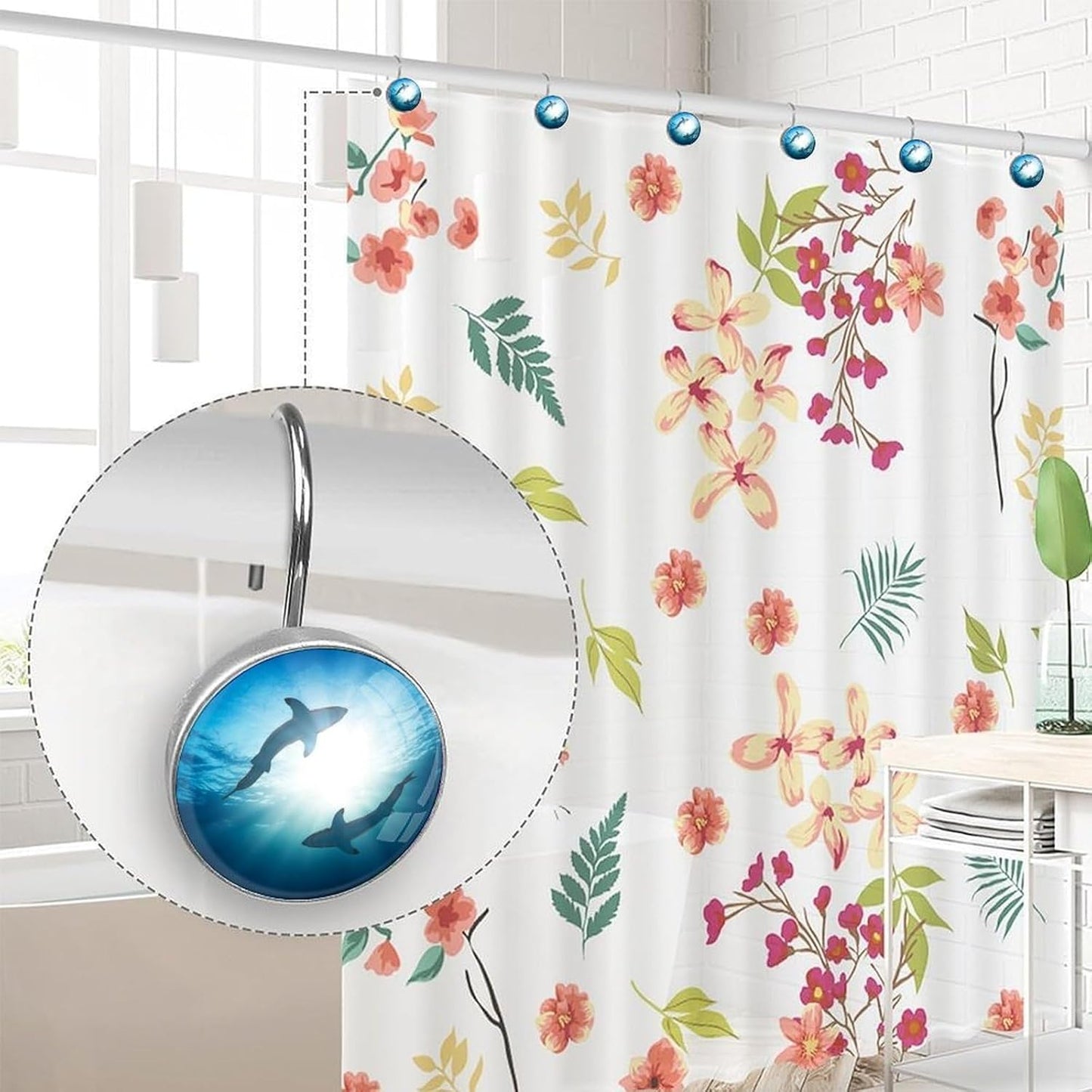 Sharks Shower Curtain Hooks, 12 Pcs Rust Proof Glass Surface Stainless Steel Curtain Rings for Bathroom Bedroom Living Room Kitchen Home Shower Rods Decor