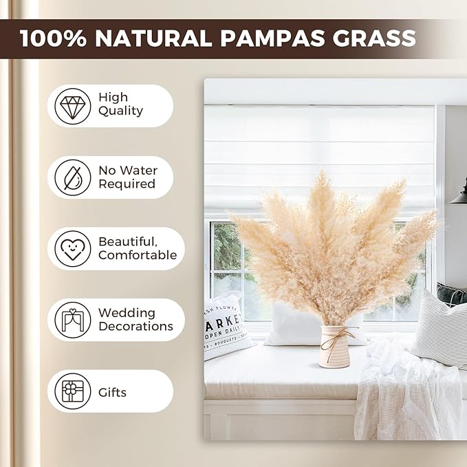 12 PCS 17inch Pampas Grass Decor-Natural Pompas Grass Floral-Short Fluffy Pampas Grass Bulk Flower for Small Boho vases,Boho Table Decor,Boho Bathroom Decor,Boho Room Decor