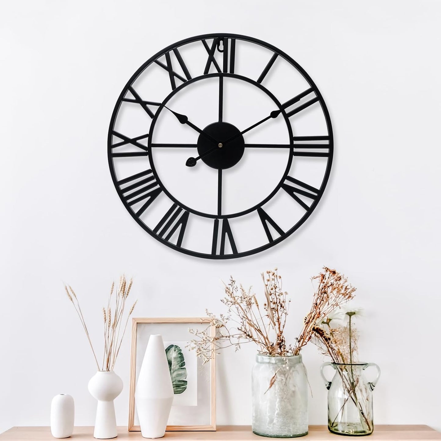 Large Wall Clock 16 Inch Black Roman Numerals Metal Clock Battery Operated Silent Non-Ticking Decor Clock Modern Round Oversize Wall Clocks for Home, Hotel, Office, Bedroom (Black, 16inch)