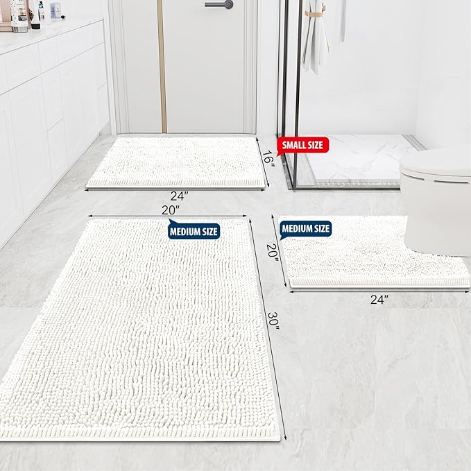 Smiry Luxury Chenille Bathroom Rugs 30x20, Extra Soft and Absorbent Shaggy Bath Mat, Machine Washable, Non-Slip Plush Carpet Runner for Tub, Shower, and Floor, Home Decor Accessories, Ivory