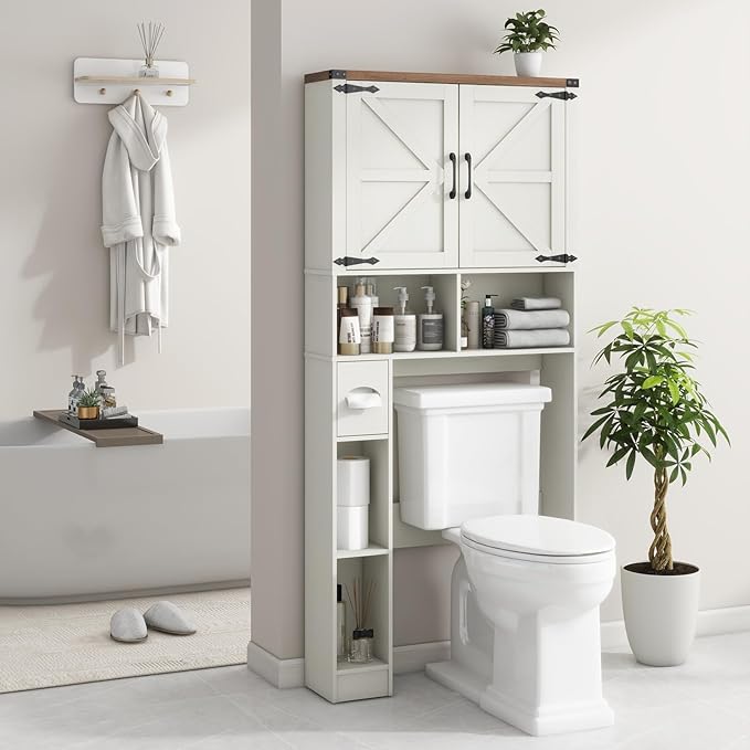 Over The Toilet Storage Cabinet, Farmhouse Storage Cabinet Over Toilet with 2 Barn Doors && Toilet Paper Holder Stand，Home Space-Saving Toilet Rack, for Laundry, Restroom, Bathroom