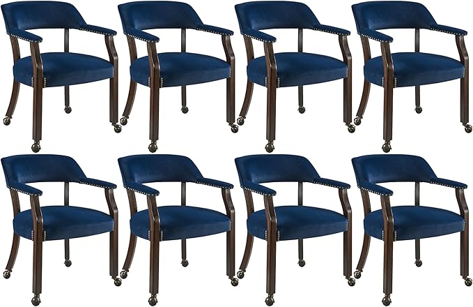 Dinning Chairs with Wheels and Arms Set of 8, Solid Wood Office Desk Chairs with Frosted Velvet Upholstered, Classic Swivel Accent Chairs, 31.5" H Boss Caption's Chair, Ocean Blue XXY-HT22-OB