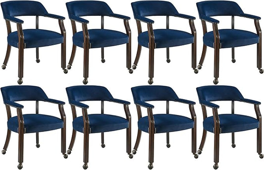 Dinning Chairs with Wheels and Arms Set of 8, Solid Wood Office Desk Chairs with Frosted Velvet Upholstered, Classic Swivel Accent Chairs, 31.5" H Boss Caption's Chair, Ocean Blue XXY-HT22-OB