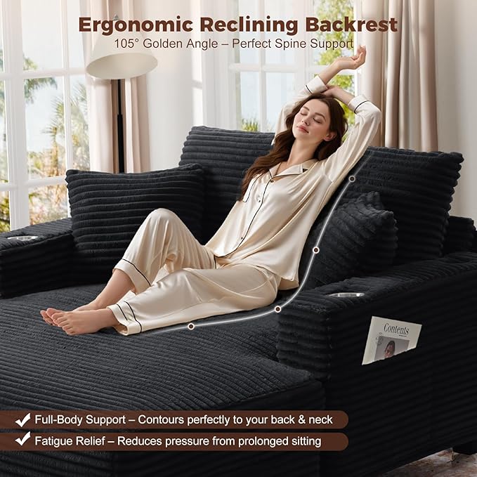 HUSFU 60'' Oversized Chaise Lounge Chair Indoor, Fluffy Plush Faux Fur Upholstered Sleeper Sofa Bed, Chaise Lounge Reading Chairs w/USB&Type C Port, Cozy Lazy Couch for Living Room, Black