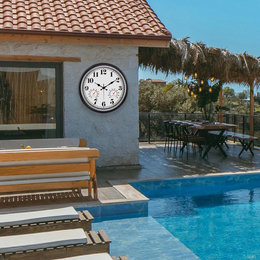 45MinST 16 Inch Silver Vintage Large Indoor/Outdoor Waterproof Wall Clock with Thermometer & Hygrometer, Silent Non-Ticking Quartz Timepiece for Home, Porch, Garden