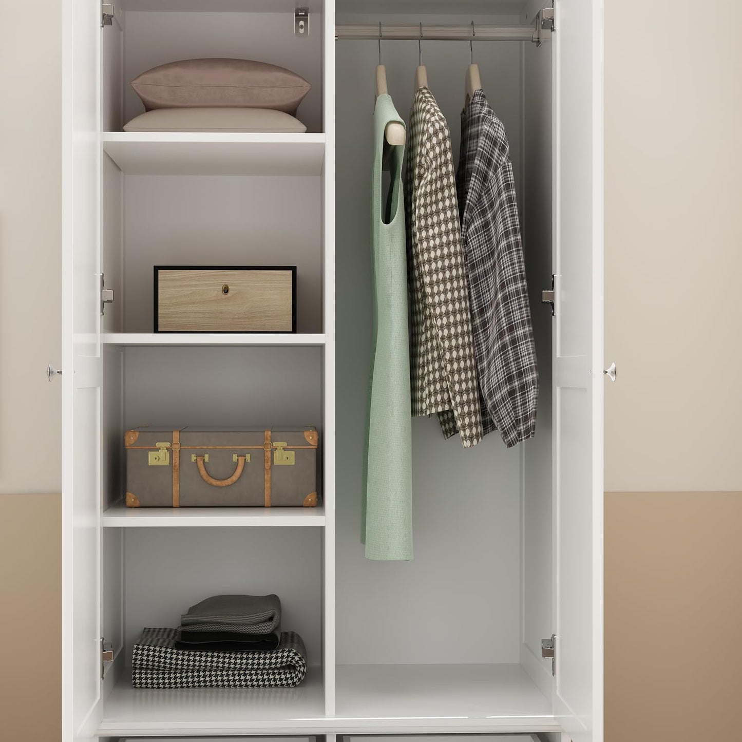 Hitow 2-Door Wardrobe Cabinet with Hanging Rod, Drawers and Shelves, Modern Free Standing Wood Storage Closet with Carved Lines and Sliver Knobs for Bedroom, White, 31.5”W x 19.1”D x 70.9”H